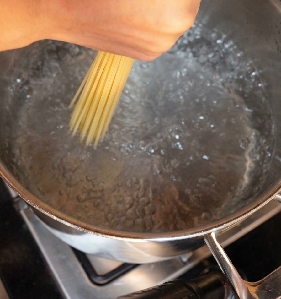 Una mano che inserisce verticalmente un mazzo di spaghetti secchi in una pentola dacqua bollente.