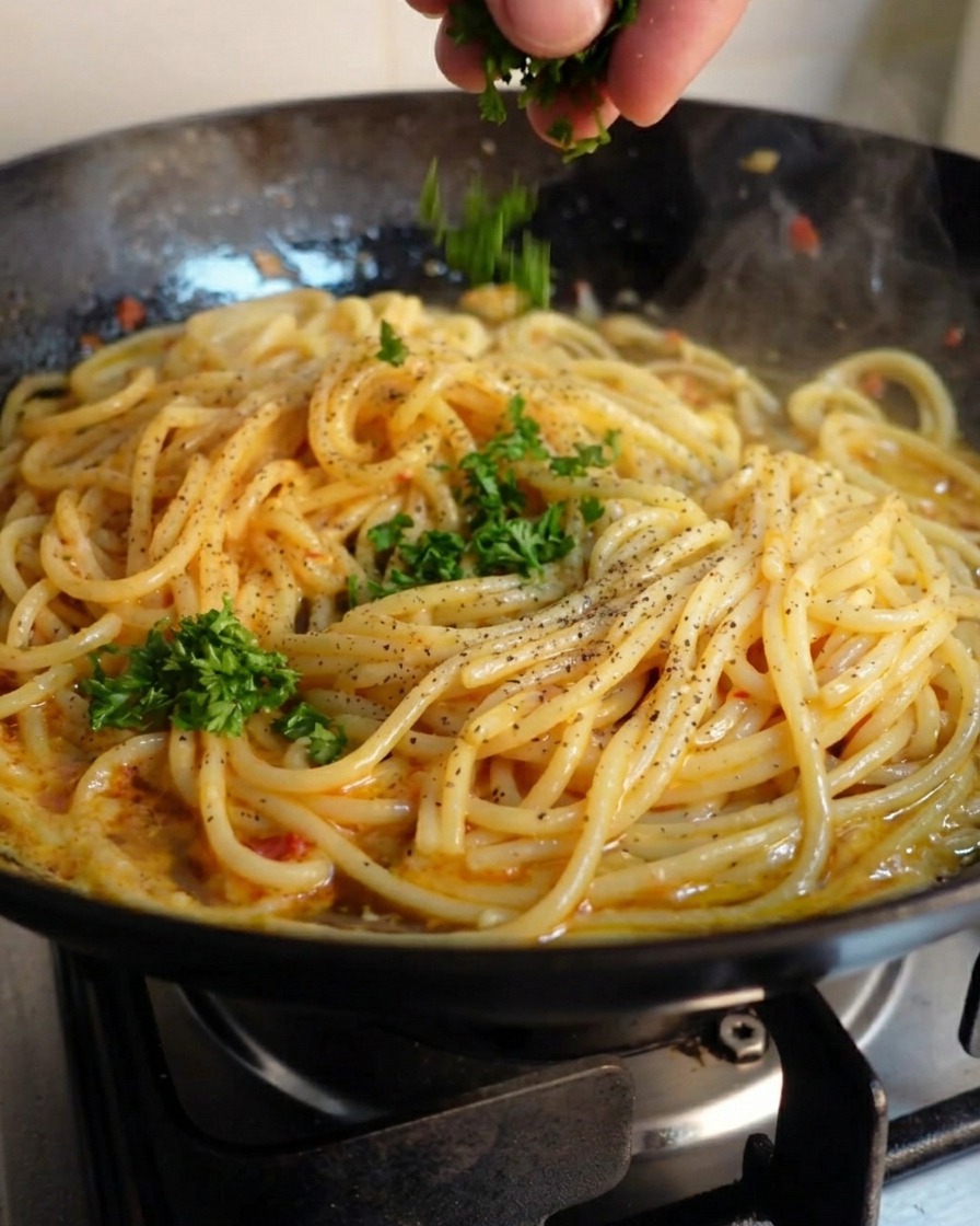 Una mano che cosparge del prezzemolo verde fresco tritato su una padella di spaghetti fumanti.