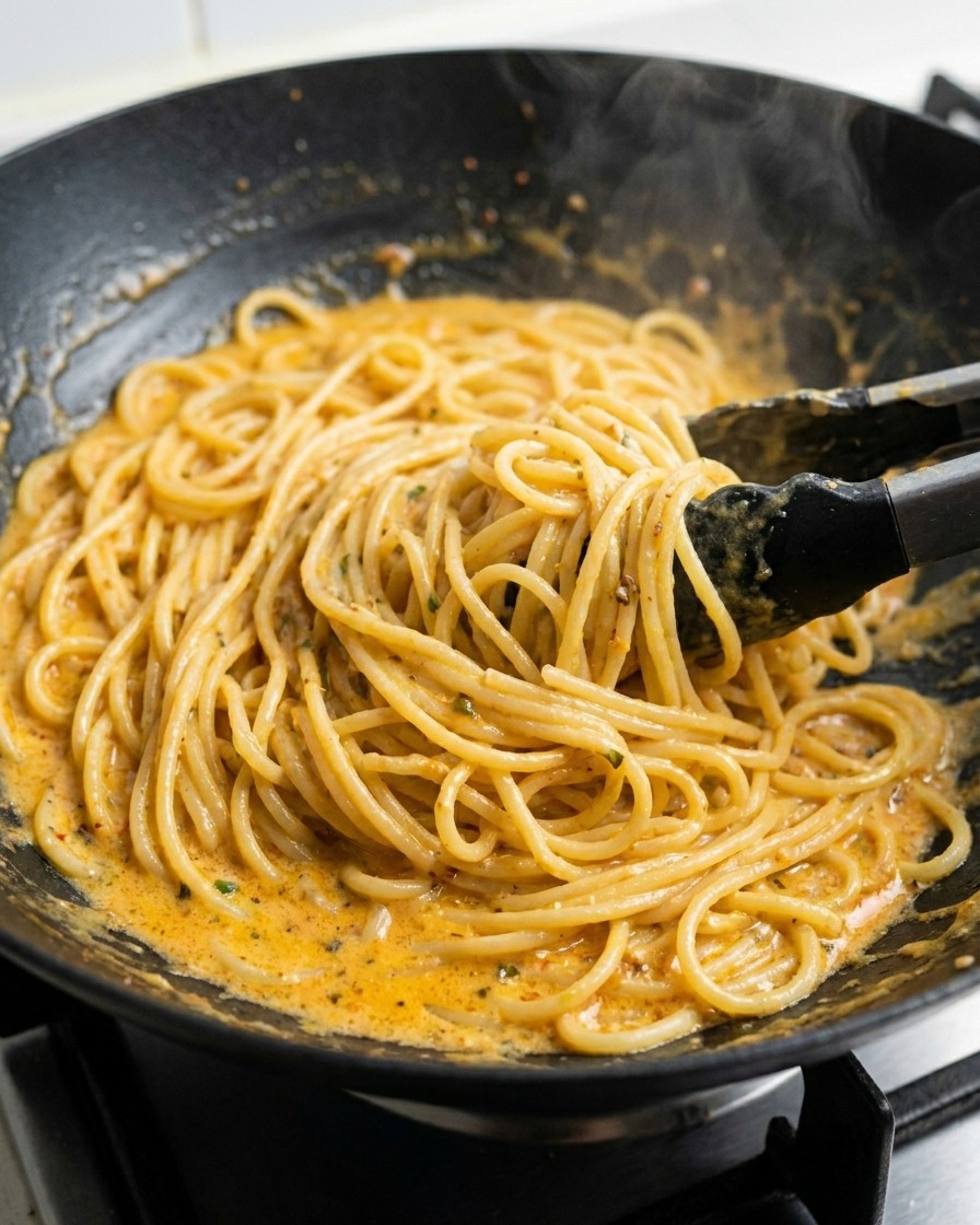 Pinze che sollevano e rimescolano gli spaghetti in una padella scura per amalgamare le erbe e la salsa.