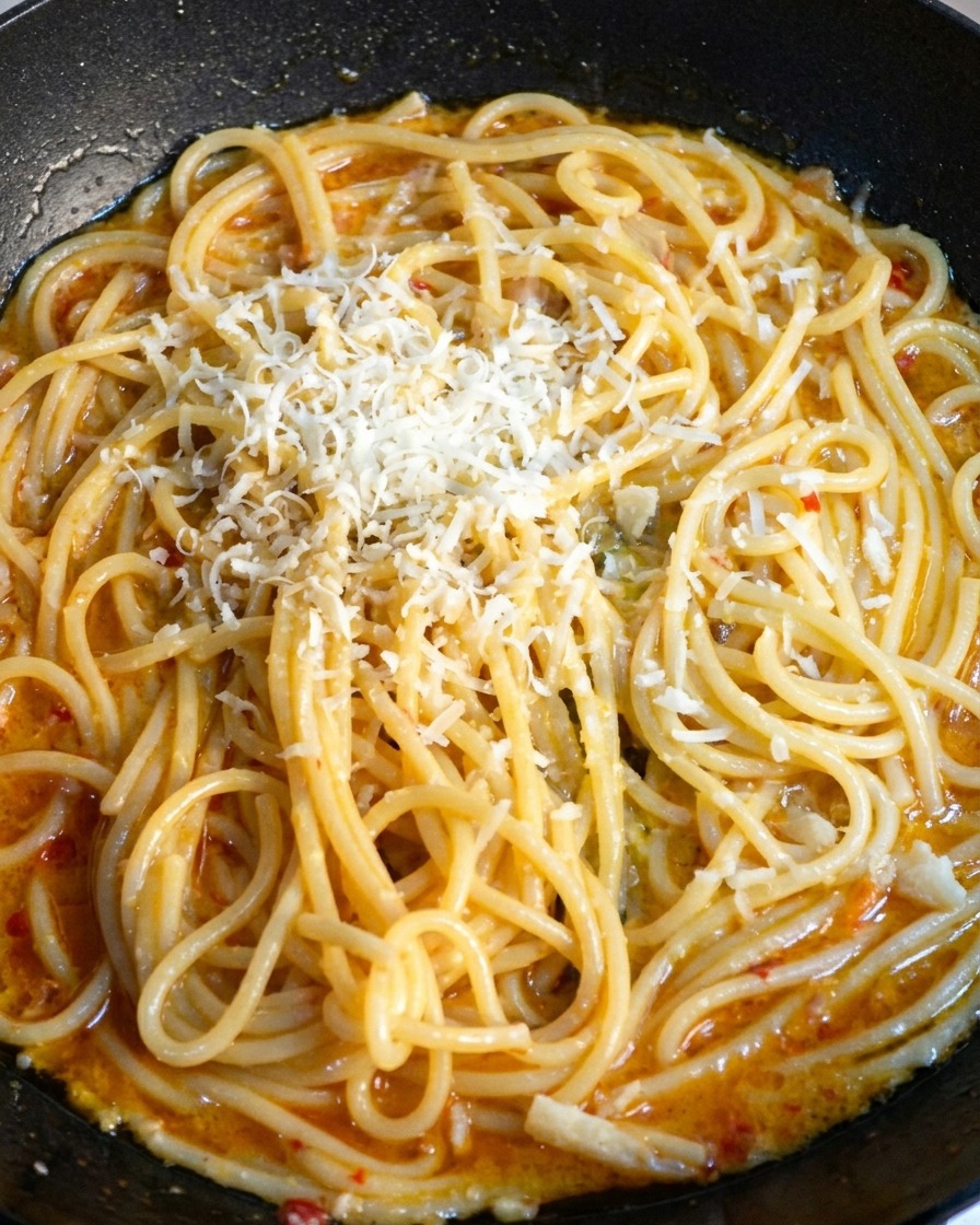 Parmigiano appena grattugiato che riposa sopra una padella di spaghetti caldi.