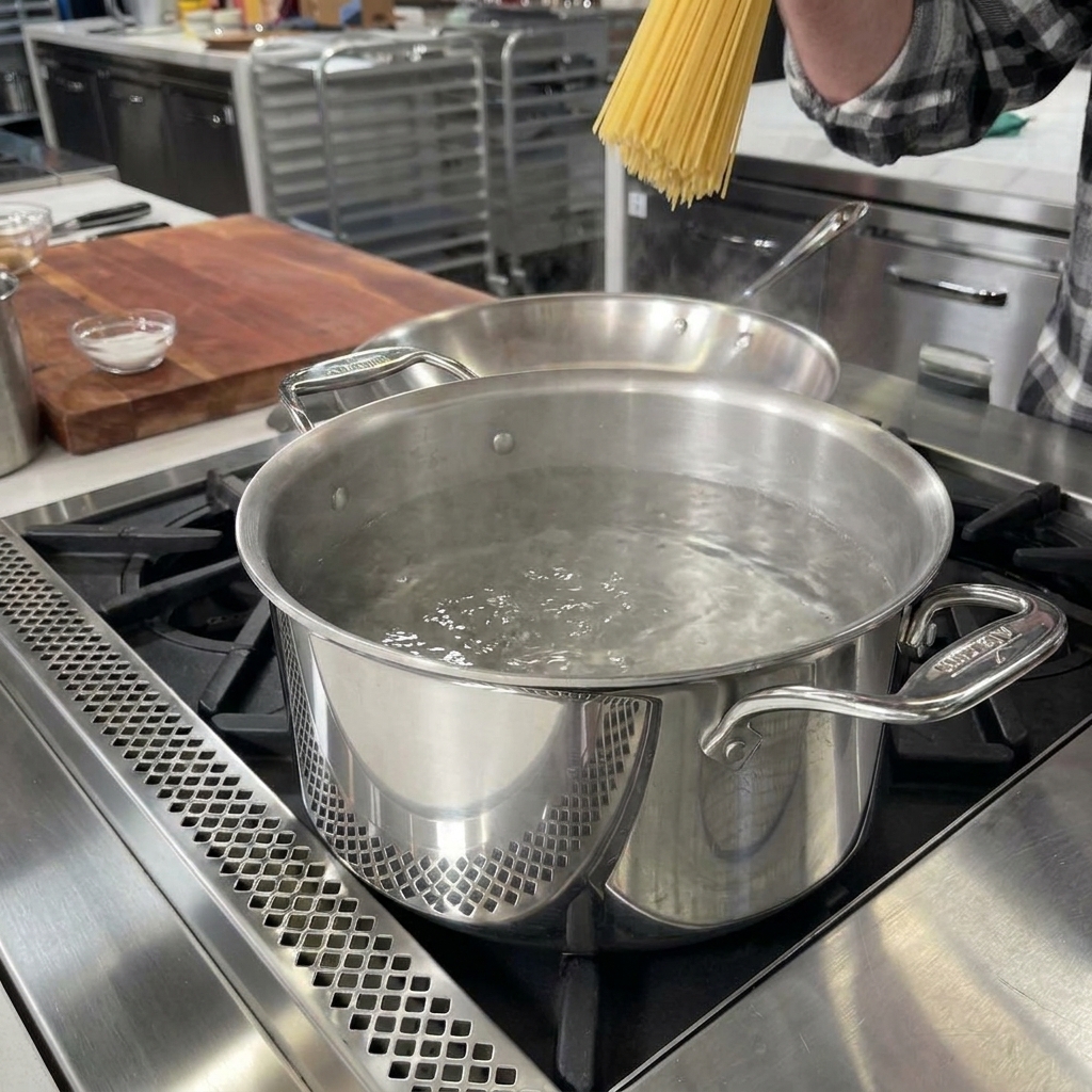 Spaghetti secchi che vengono immersi in una pentola di acciaio con acqua bollente salata.