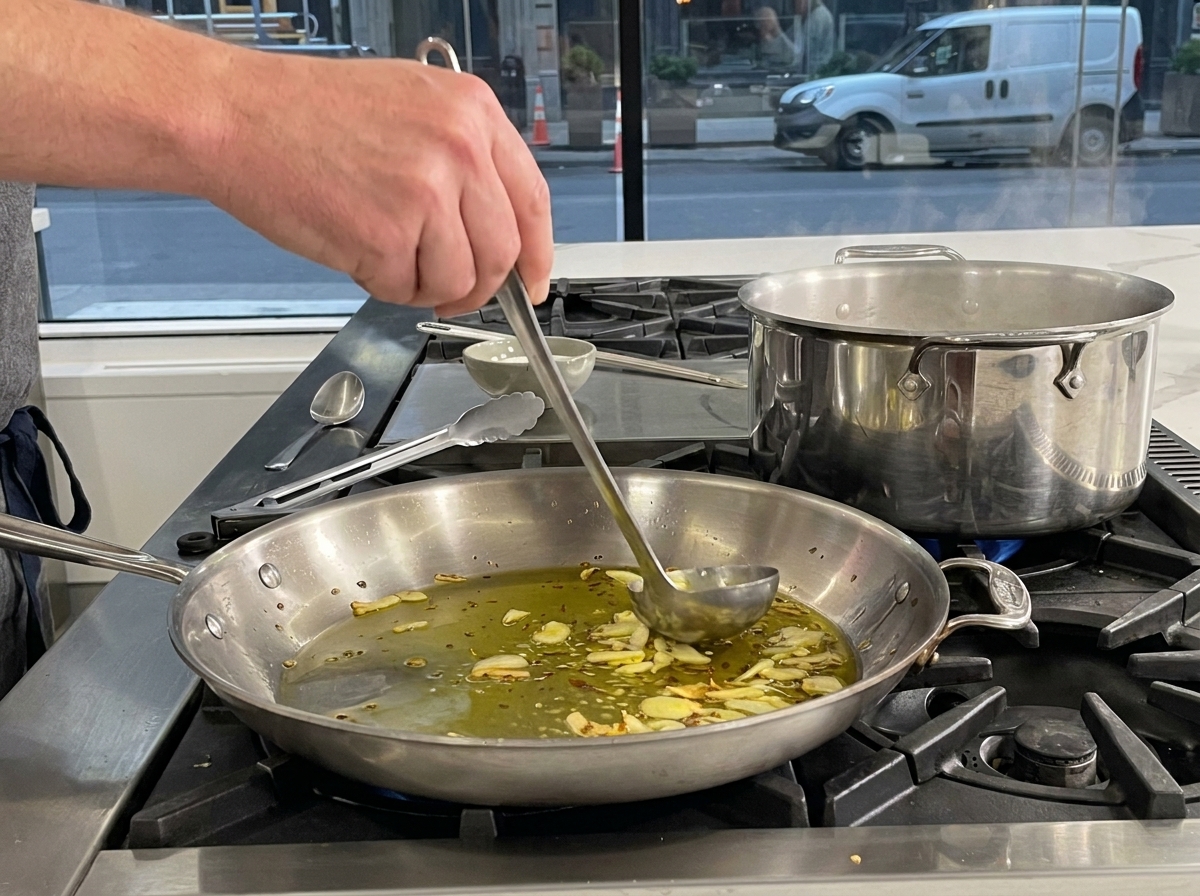 Un mestolo che versa acqua di cottura della pasta in una padella calda con aglio leggermente dorato e olio.