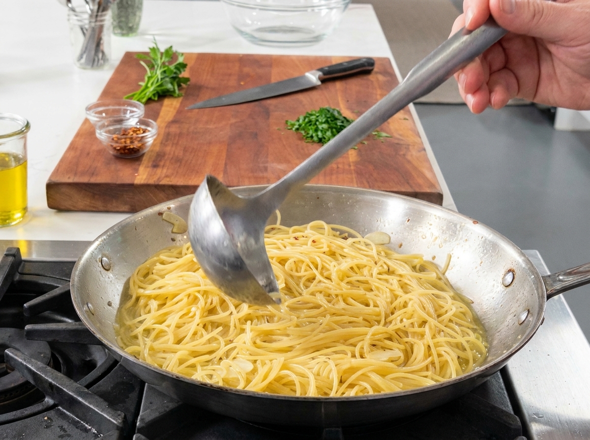 Un mestolo che aggiunge ulteriore acqua di cottura sugli spaghetti in padella con aglio e olio.