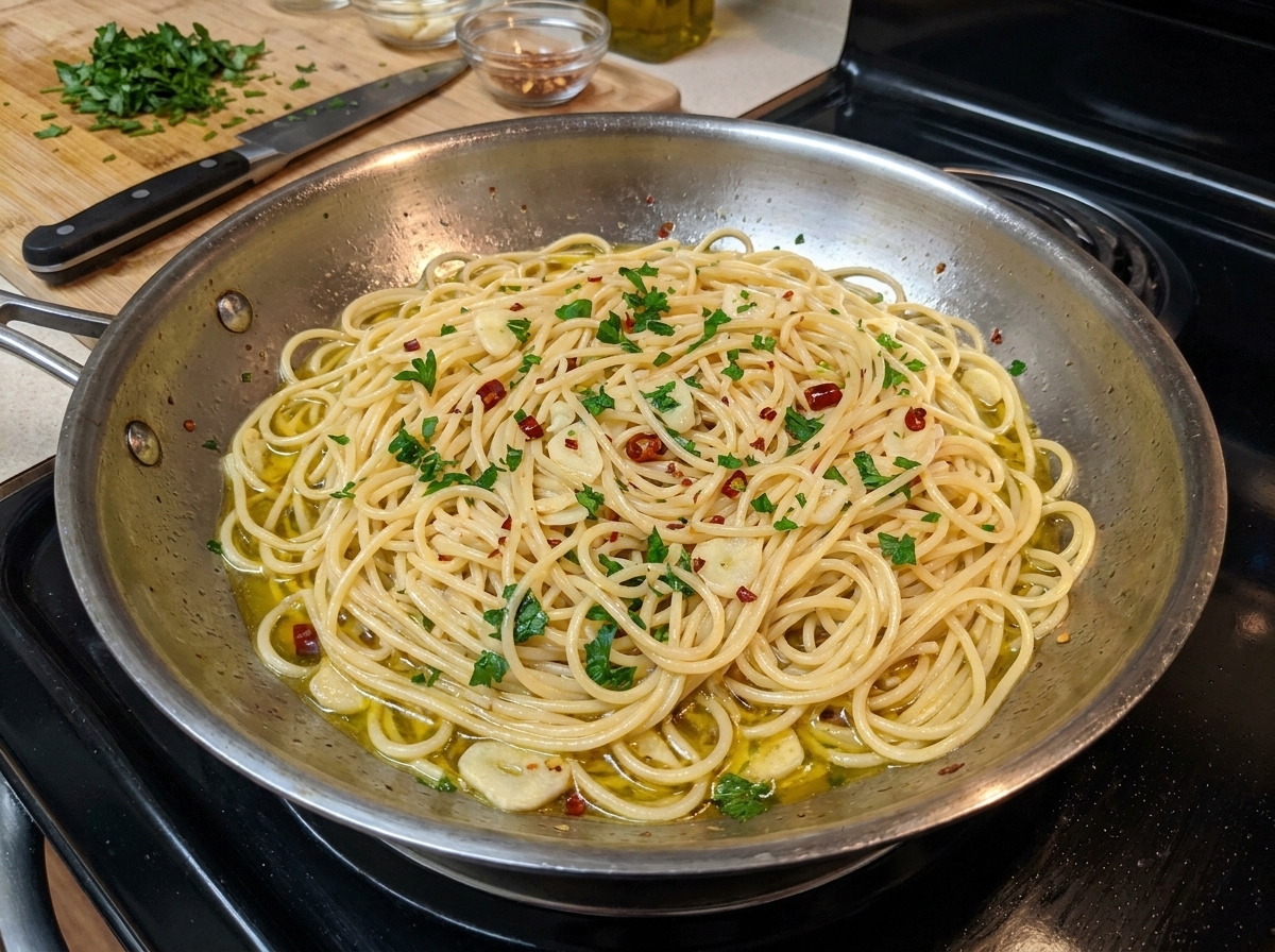 Spaghetti saltati con olio, aglio, peperoncino e prezzemolo fresco tritato in una padella di acciaio.