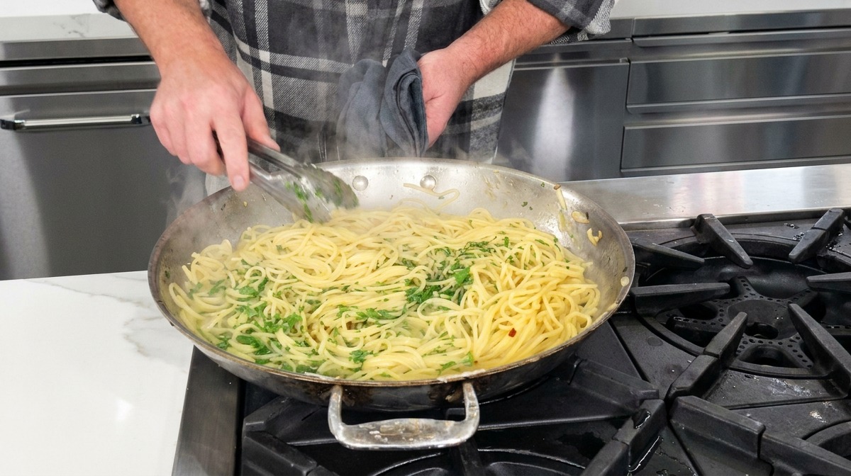 Persona che usa le pinze per saltare gli spaghetti fumanti con prezzemolo fresco in una padella grande sul fornello.