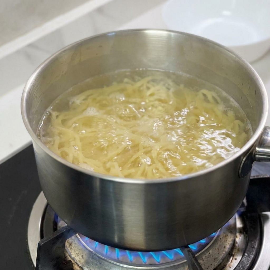 Spaghetti che si ammorbidiscono in una pentola dacciaio inox con acqua in rapida ebollizione.