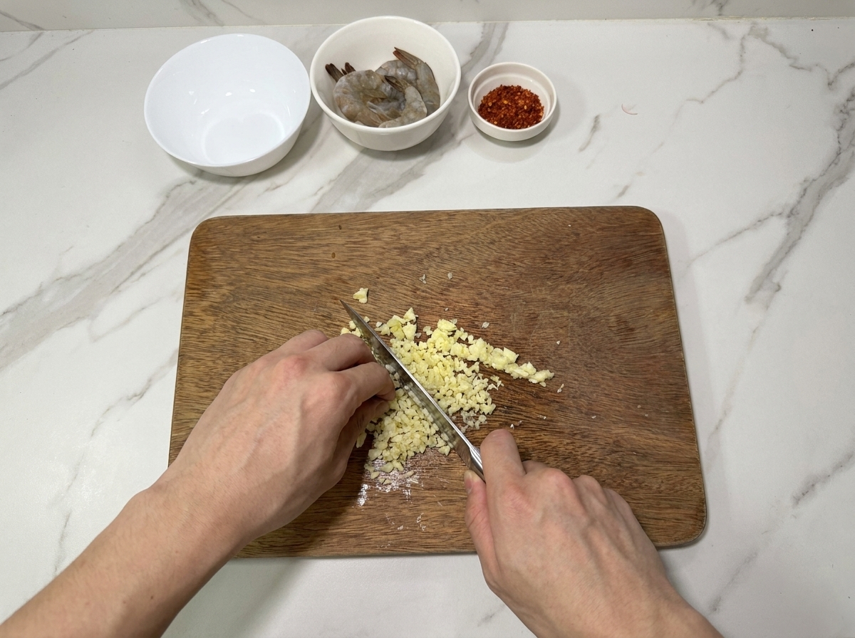 Due mani che usano un coltello da chef per tritare finemente spicchi daglio su un tagliere di legno.