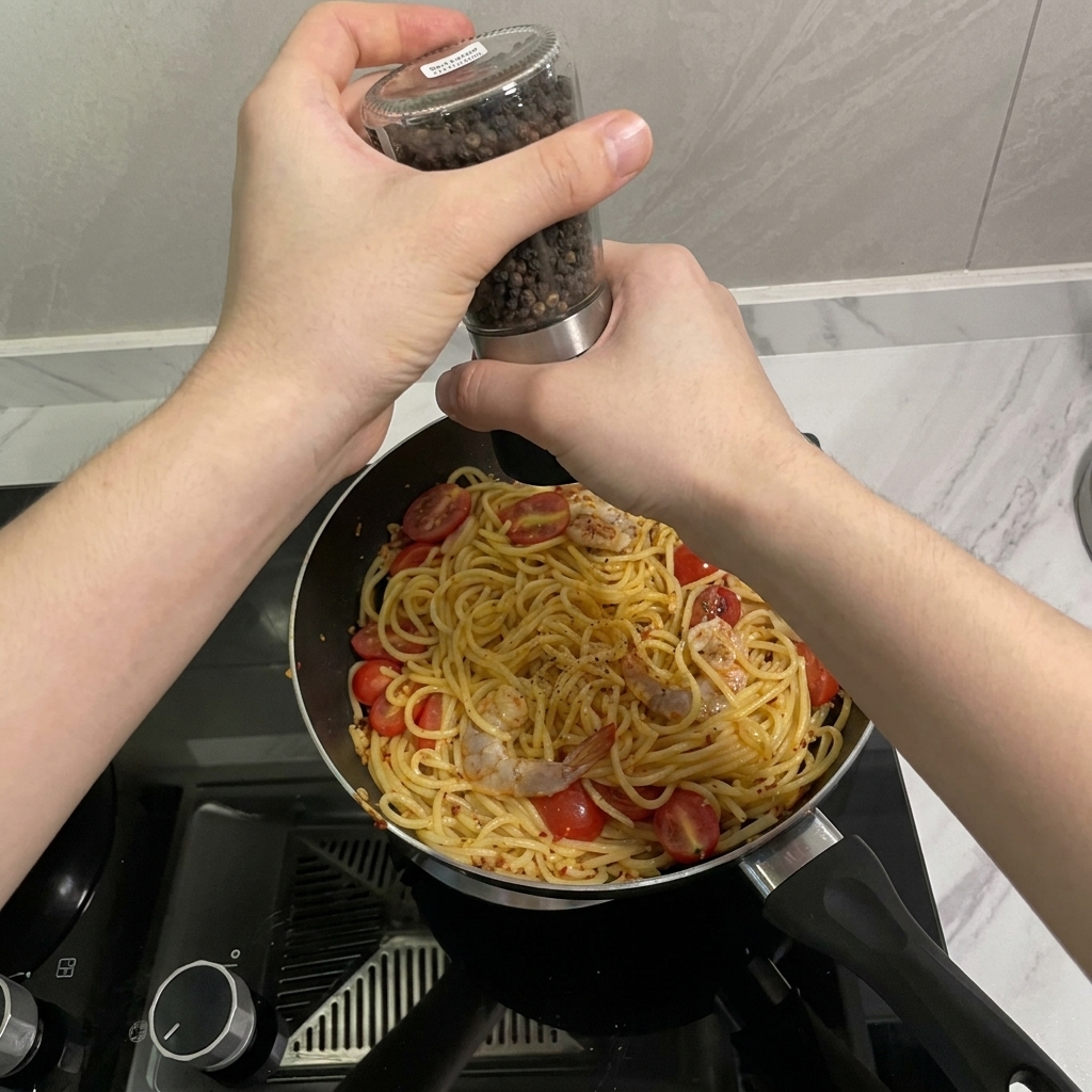 Due mani che tengono un macinapepe e macinano pepe nero fresco su una padella di spaghetti, gamberi e pomodorini.