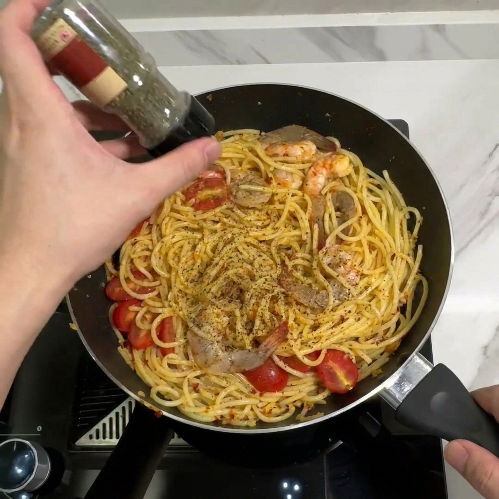 Una mano che scuote scaglie di prezzemolo essiccato da un barattolo di spezie sopra spaghetti cotti, gamberi e pomodorini in padella.