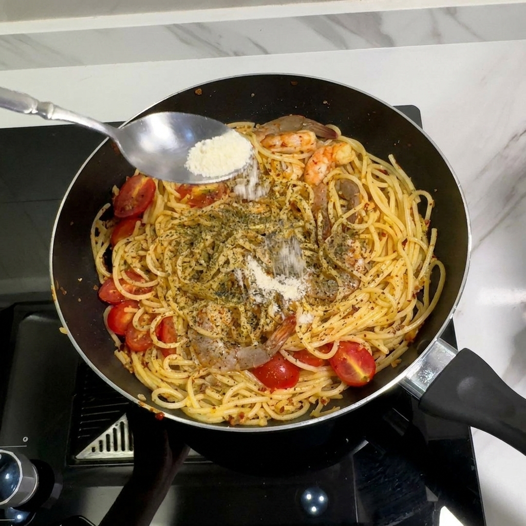 Un cucchiaio di metallo che sparge polvere insaporitrice fine su spaghetti, gamberetti e pomodorini in una padella nera.