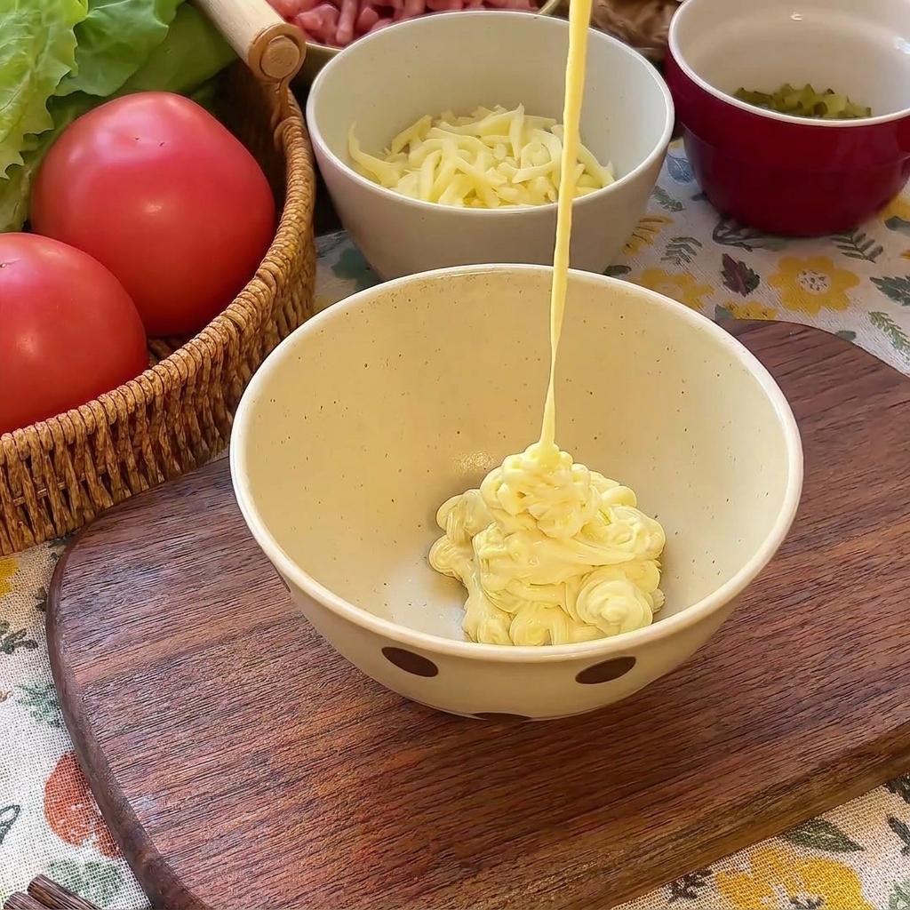 Maionese versata in una ciotola insieme a ketchup rosso e cetriolini tritati verdi.