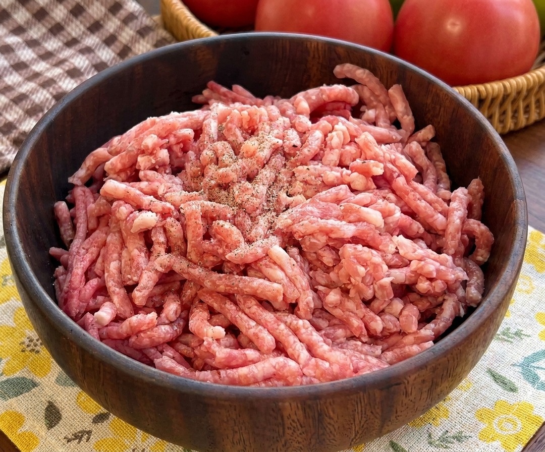 Una ciotola di legno piena di carne macinata cruda condita con sale marino e grani di pepe nero.
