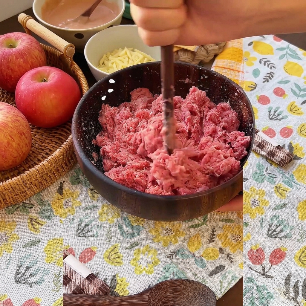 Mani che usano bacchette per mescolare e legare vigorosamente la carne macinata condita in una ciotola.