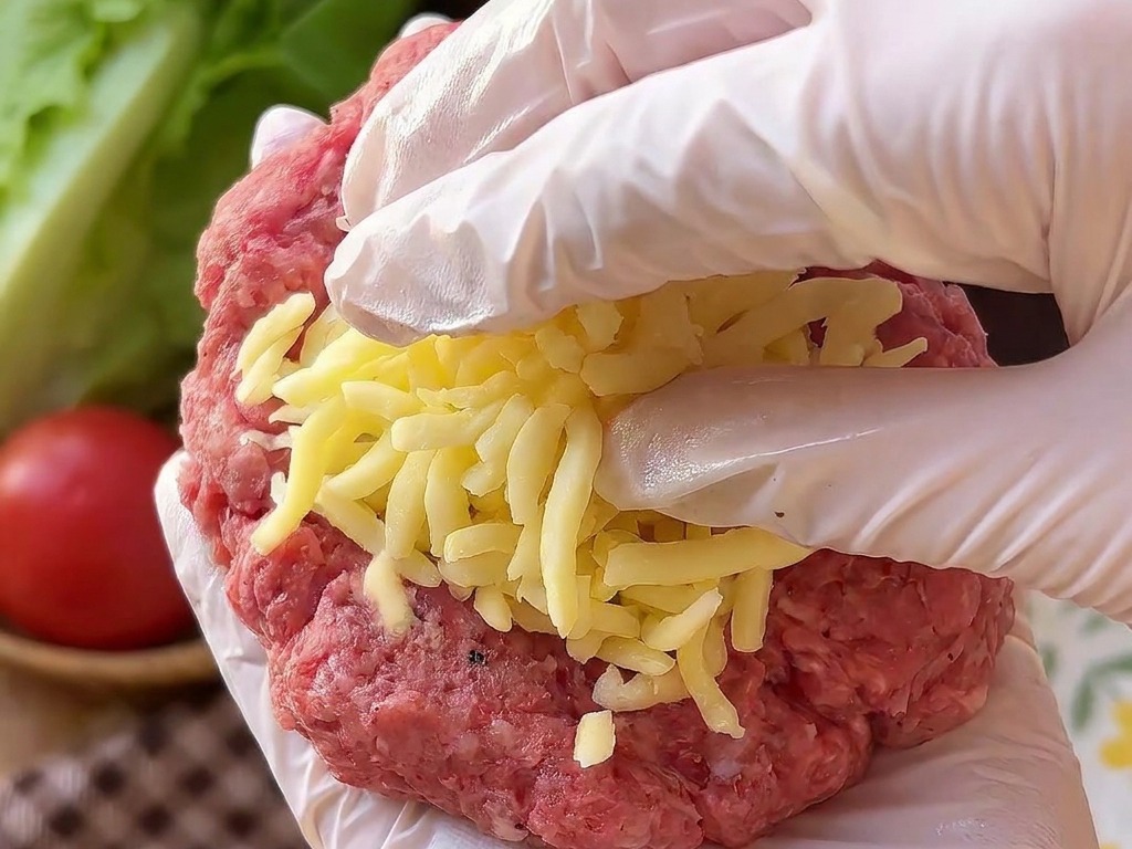 Una mano guantata che tiene un disco di carne cruda con un mucchietto di formaggio grattugiato al centro.