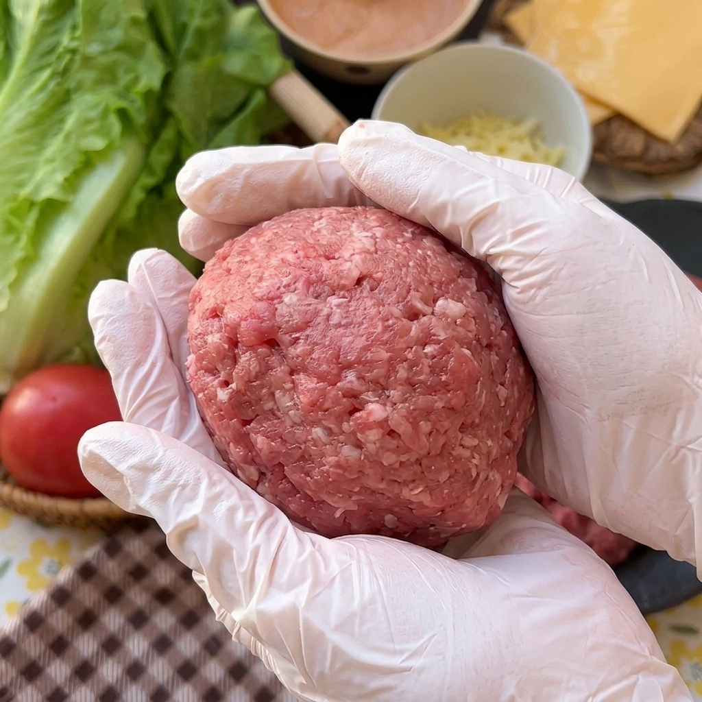 Due mani che modellano con cura una polpetta tonda per nascondere completamente il formaggio al suo interno.