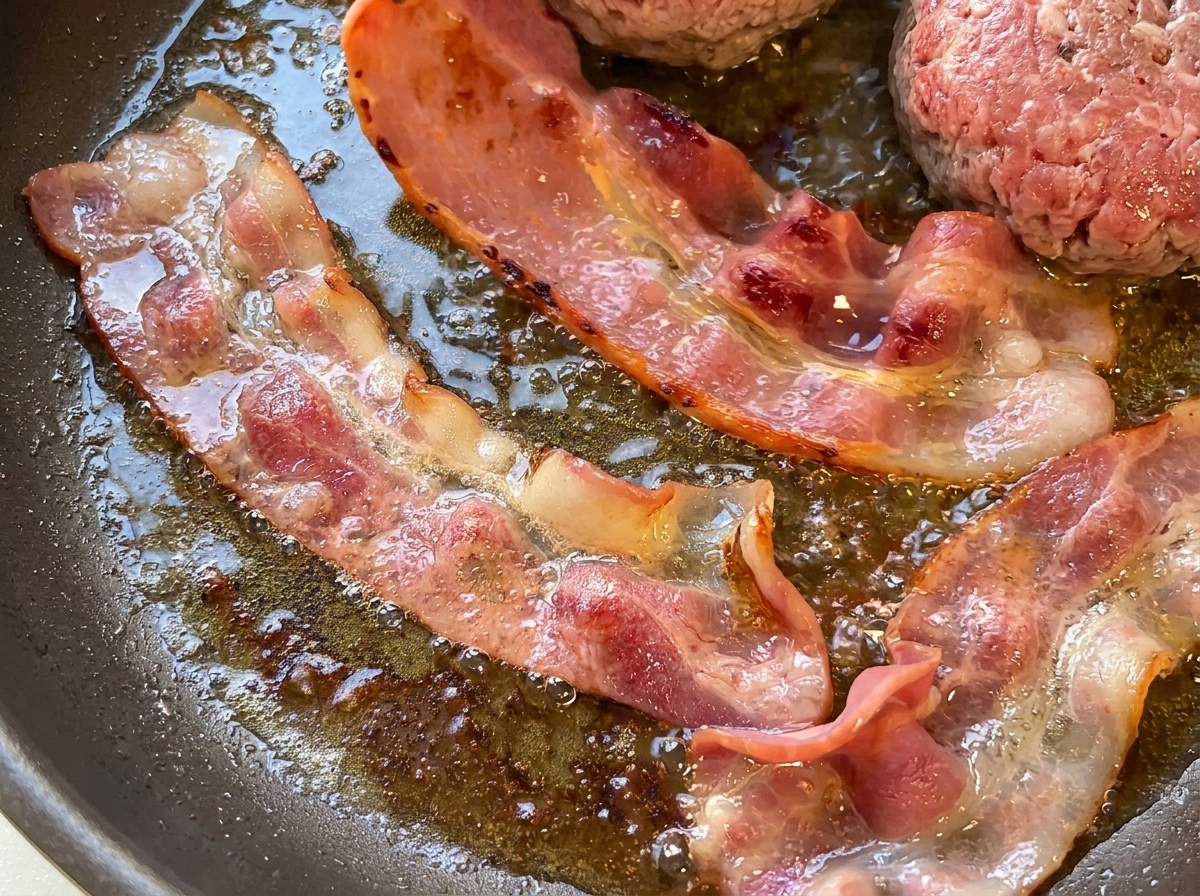 Primo piano di strisce di bacon che sfrigolano in padella tra grasso caldo e burro.
