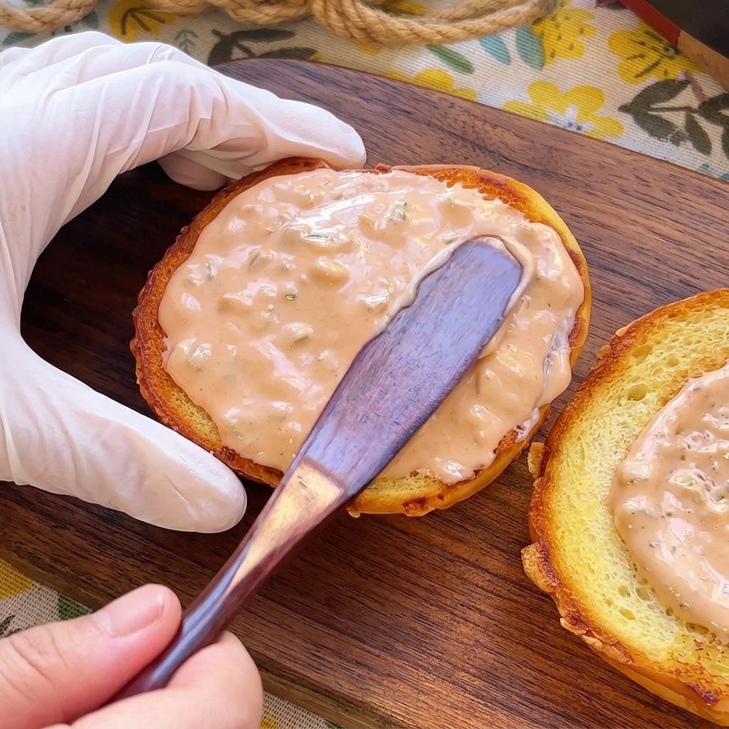 Una spatola di legno che spalma uno strato denso di salsa rosa sulla parte tostata di un panino.