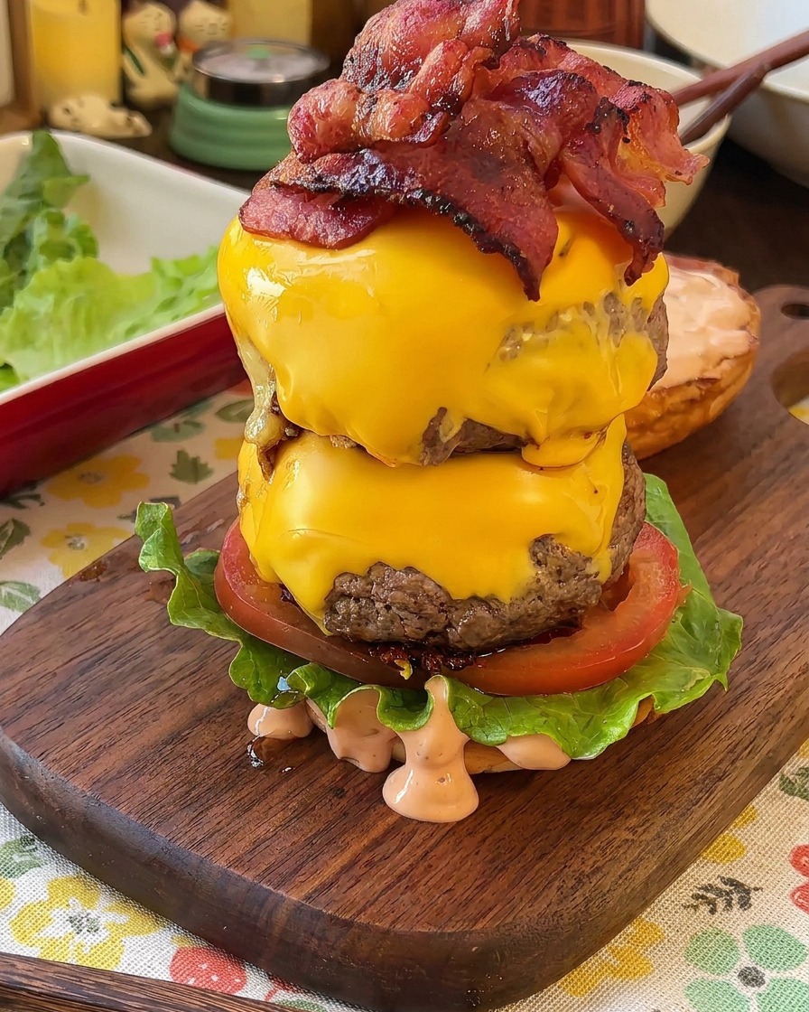 Un burger alto assemblato su un tagliere con lattuga, pomodoro, due polpette con formaggio fuso e bacon croccante.