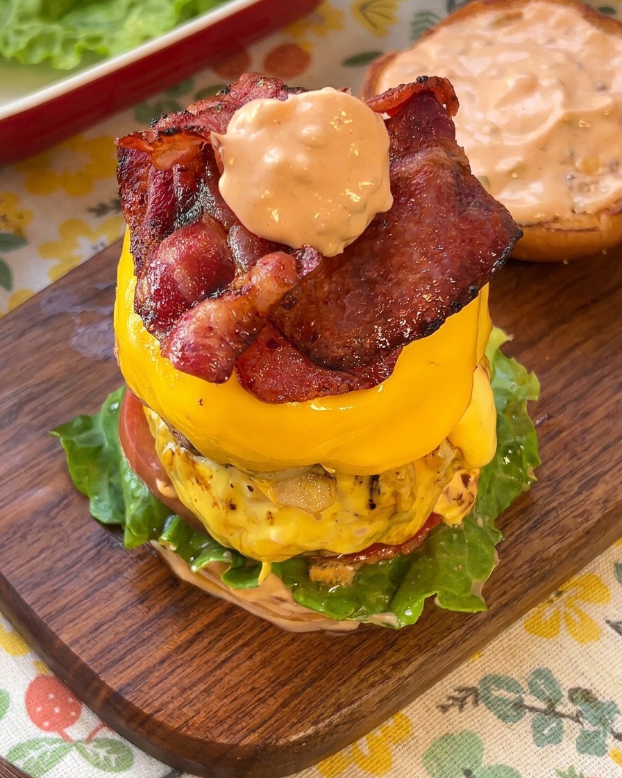 Un tocco di salsa rosa aggiunto direttamente sopra il bacon croccante in un double cheeseburger imponente.