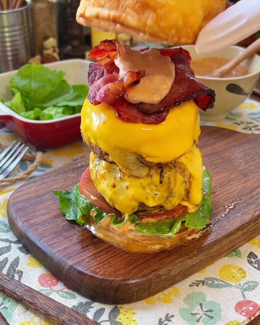 La parte superiore del panino tostata che viene appoggiata sopra un double cheeseburger completo.
