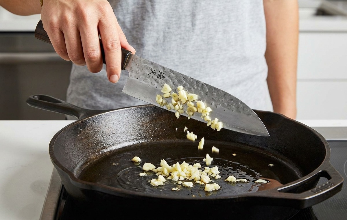 Aglio tritato fatto scivolare dalla lama di un coltello da chef in una padella con olio doliva caldo.