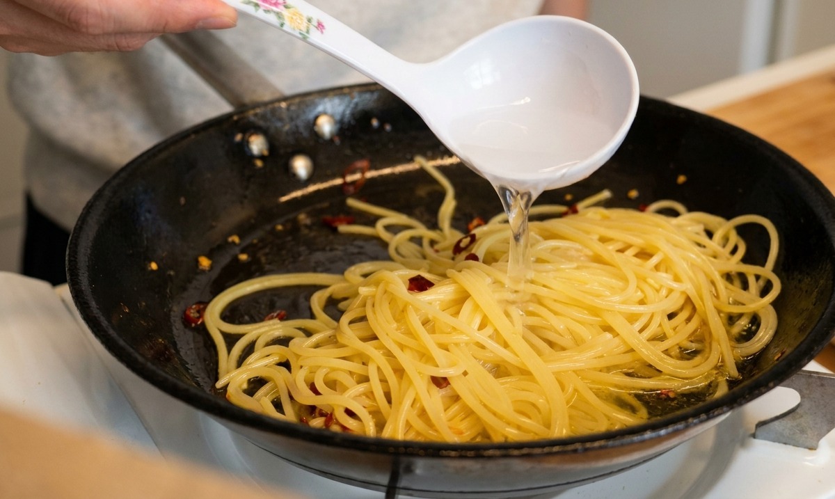 Una mano che versa un mestolo di acqua di cottura in una padella piena di spaghetti, aglio, peperoncino e olio doliva.
