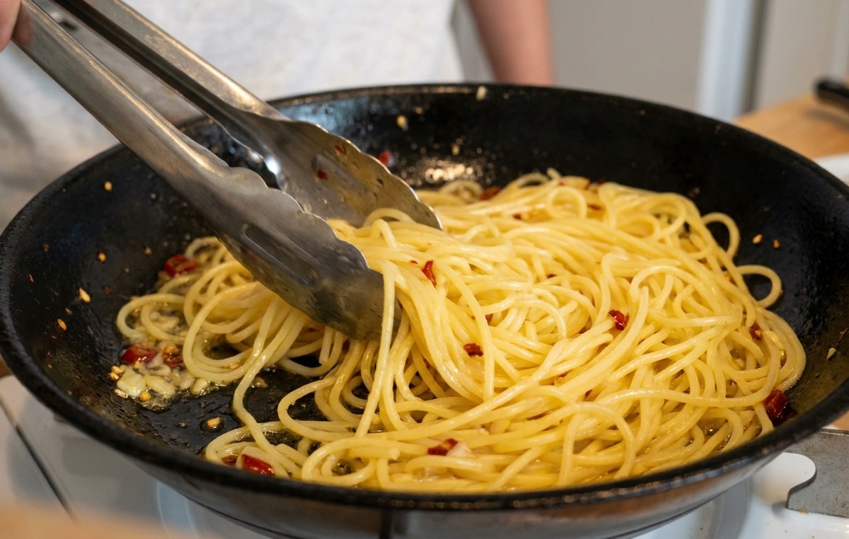 Pinze di metallo che saltano gli spaghetti in una padella con olio e peperoncini rossi, creando una salsa lucida.
