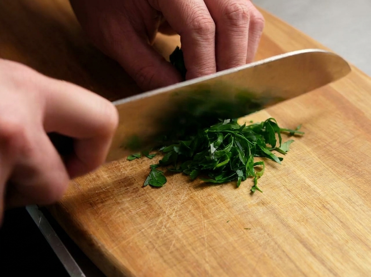 Coltello da chef che trita finemente il prezzemolo fresco su un tagliere di legno.