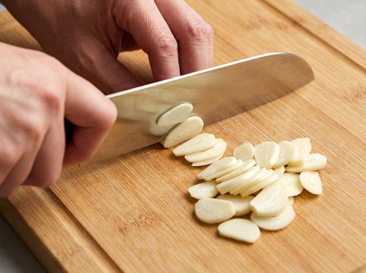 Mani che affettano spicchi daglio pelati in fettine sottili e uniformi su un tagliere.