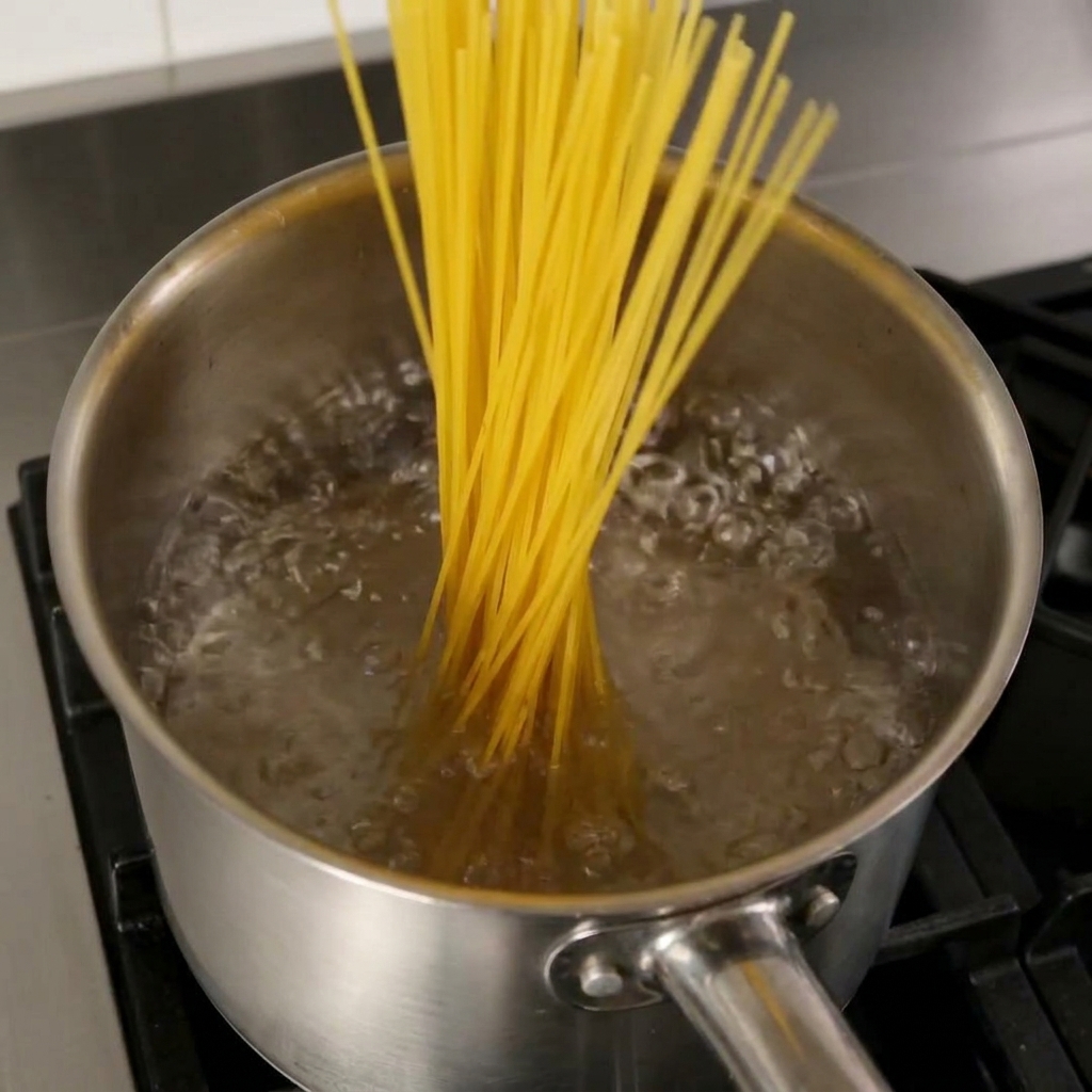 Spaghetti secchi che vengono immersi in una pentola dacqua bollente salata.