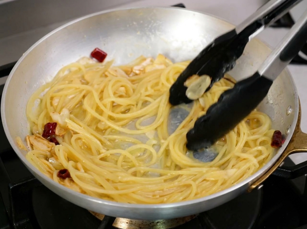 Spaghetti saltati energicamente in padella con pinze per creare la crema di aglio e olio.