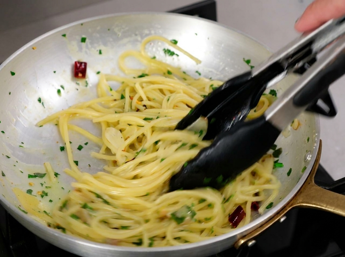 Un nido ordinato di spaghetti in una ciotola di ceramica con erbe fresche e aglio dorato.
