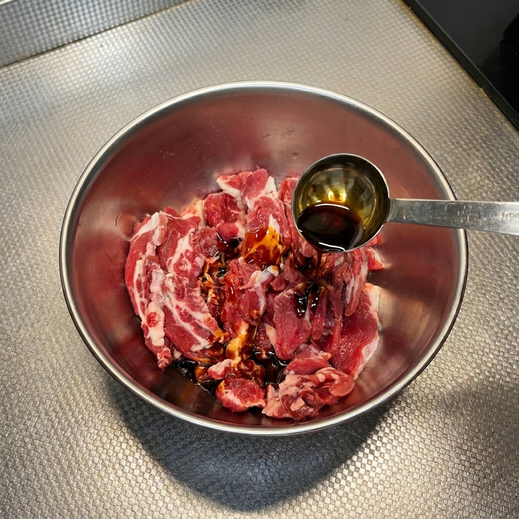 Salsa di soia scura versata su fettine di manzo crudo in una ciotola di metallo.