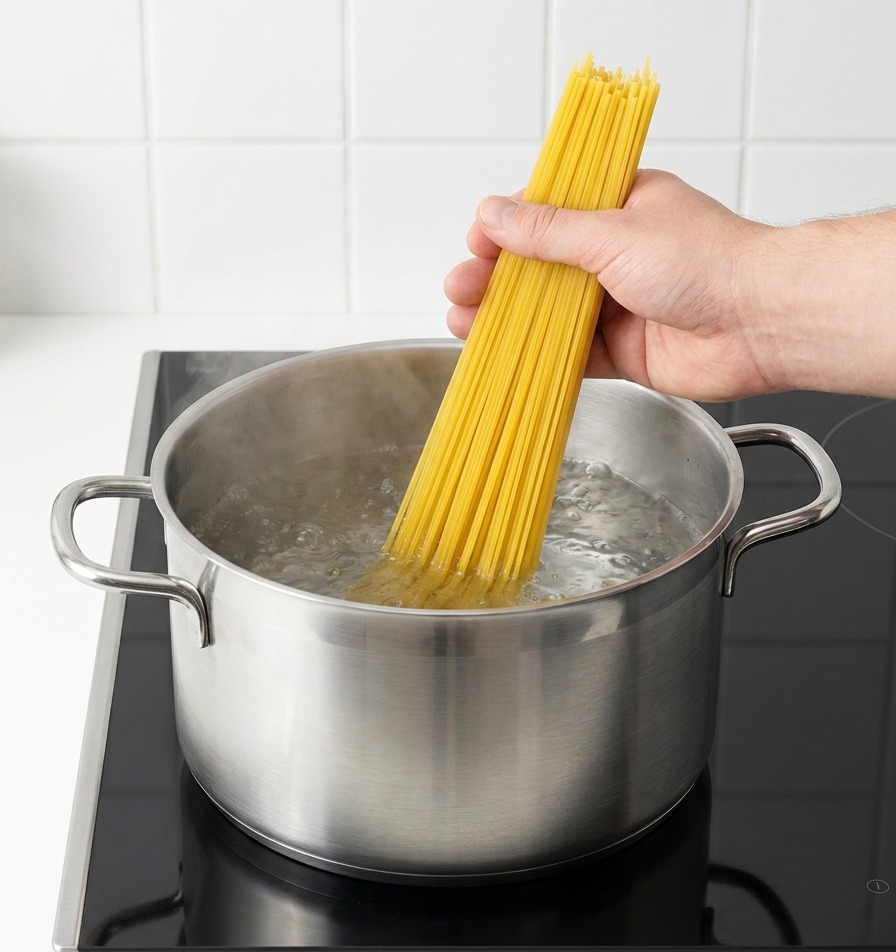 Mano che immerge gli spaghetti in una pentola di acqua bollente.