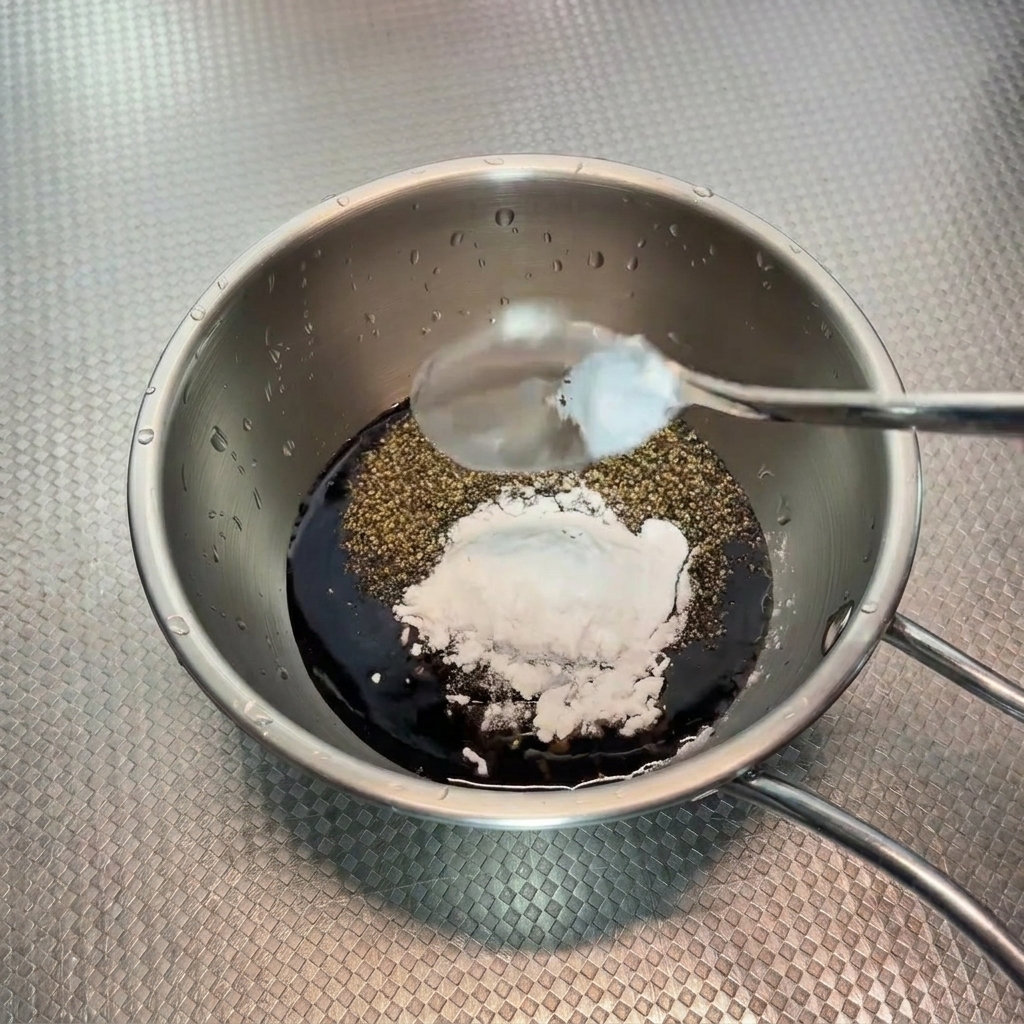 Cucchiaio che aggiunge amido di mais in una ciotolina con salsa scura.