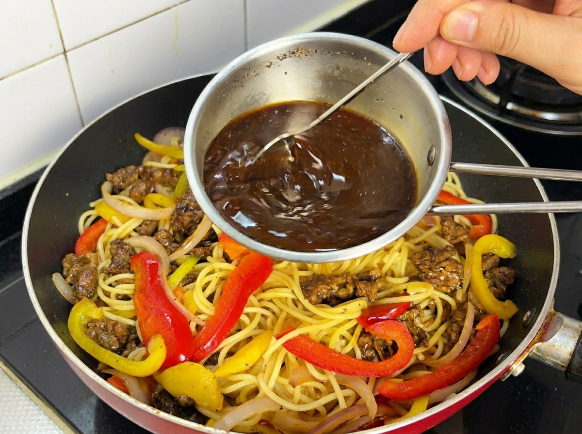 Salsa al pepe nero versata da una ciotolina su spaghetti, manzo e verdure.