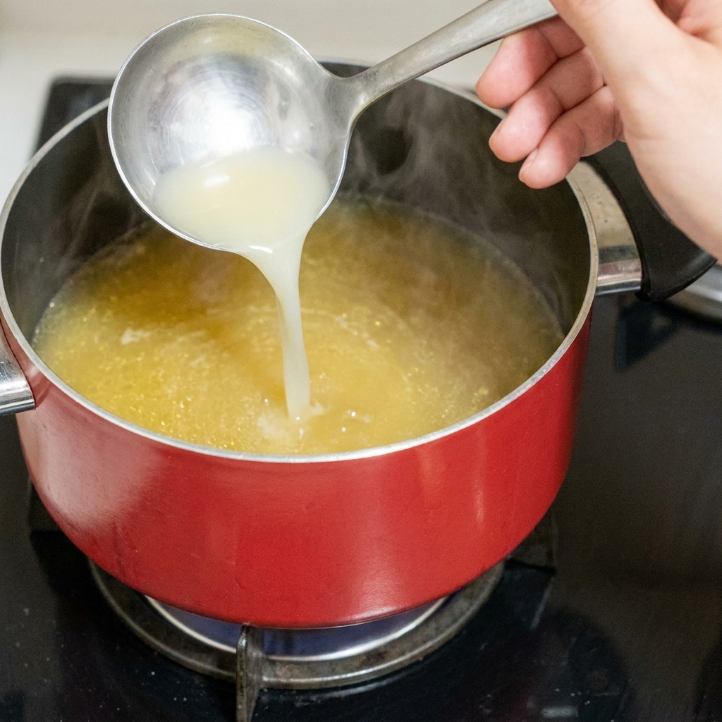 Una mano che versa un cucchiaio di sale in una pentola con spaghetti in ebollizione.