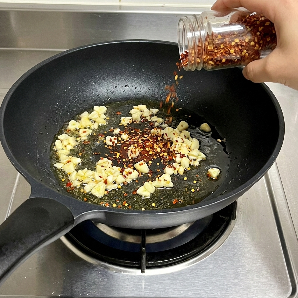 Peperoncino in scaglie versato da un barattolino sopra laglio soffritto in padella.