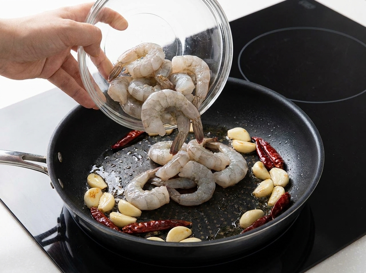 Gamberi crudi versati da una ciotola di vetro in una padella rovente con aglio e peperoncino.