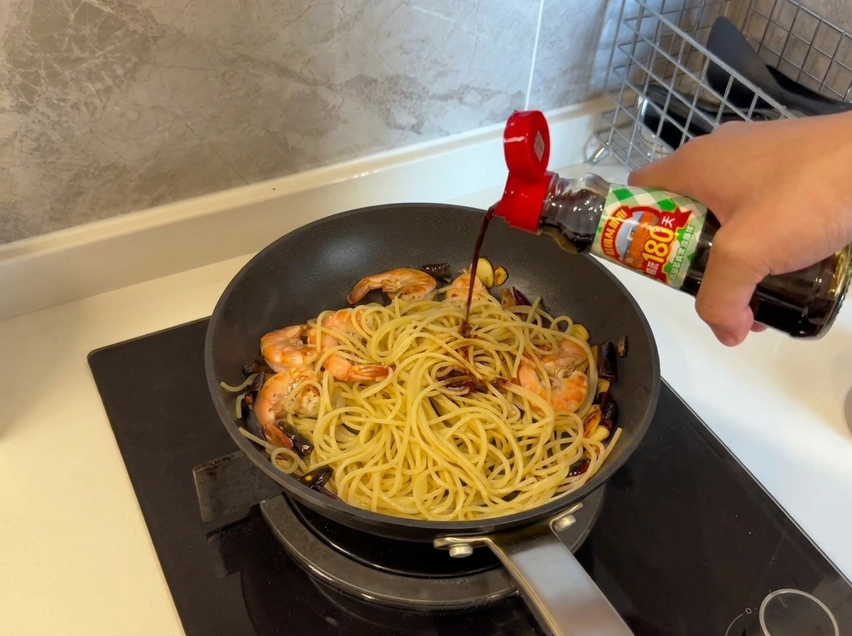 Salsa di soia chiara versata da una bottiglia sopra gli spaghetti e i gamberi in padella.