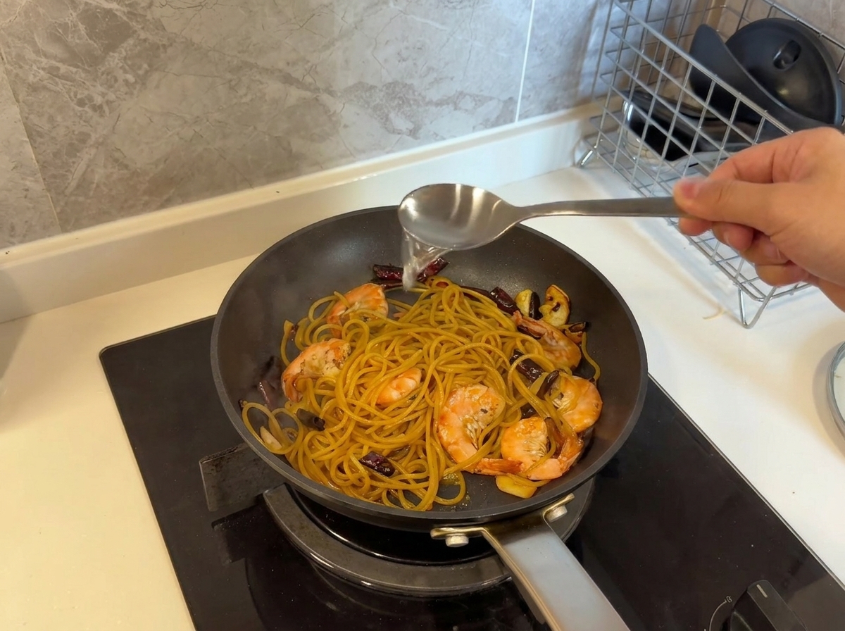 Un cucchiaio di metallo che versa acqua di cottura della pasta in una padella con spaghetti ai gamberi e aglio.