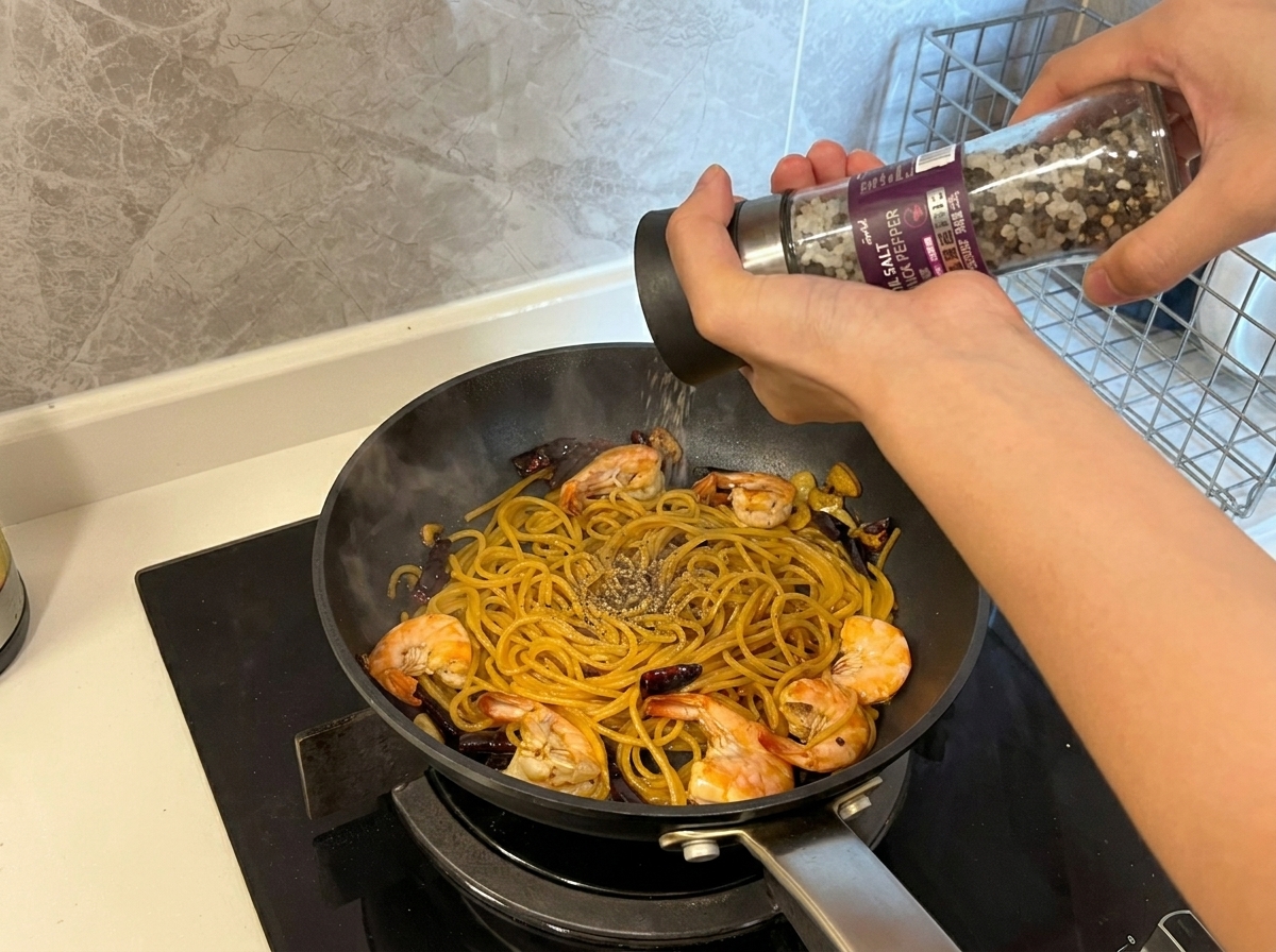 Pepe nero fresco macinato con un macinino sopra la padella con gamberi e spaghetti ultimati.