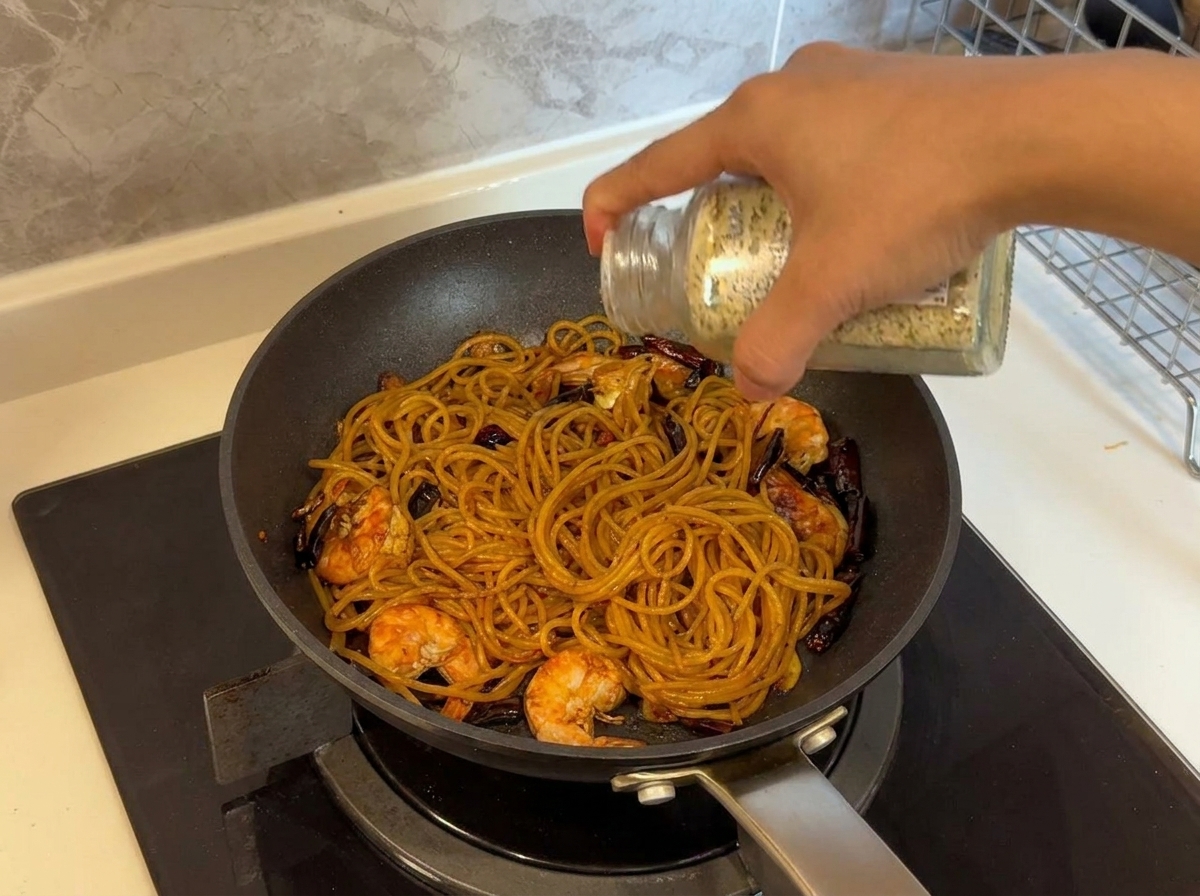 Scaglie di prezzemolo essiccato spolverate da un barattolo su una padella fumante di pasta ai gamberi.