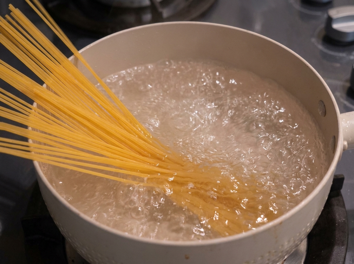 Spaghetti secchi immersi in una pentola di acqua bollente salata.