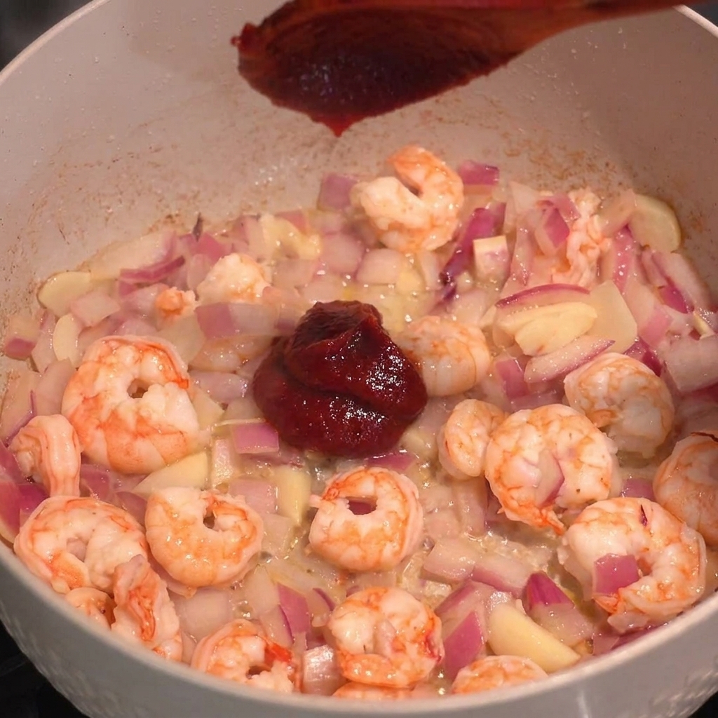 Una cucchiaiata di pasta piccante coreana rossa aggiunta ai gamberi in padella.