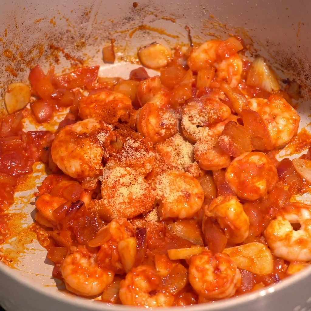 Primo piano di gamberi e cipolle in una salsa rossa con spezie appena spolverate sopra.