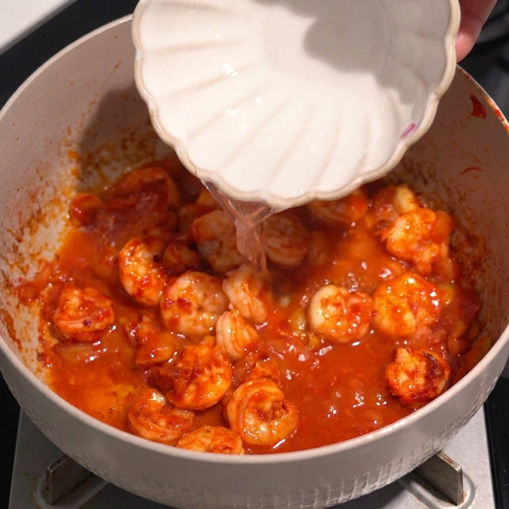 Mano che versa acqua da una ciotolina in una padella con gamberi conditi in salsa rossa.
