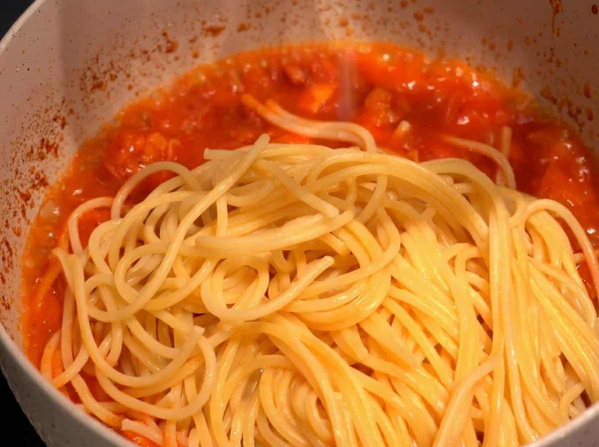 Spaghetti appena bolliti saltati in un sugo di gamberi rosso e denso.