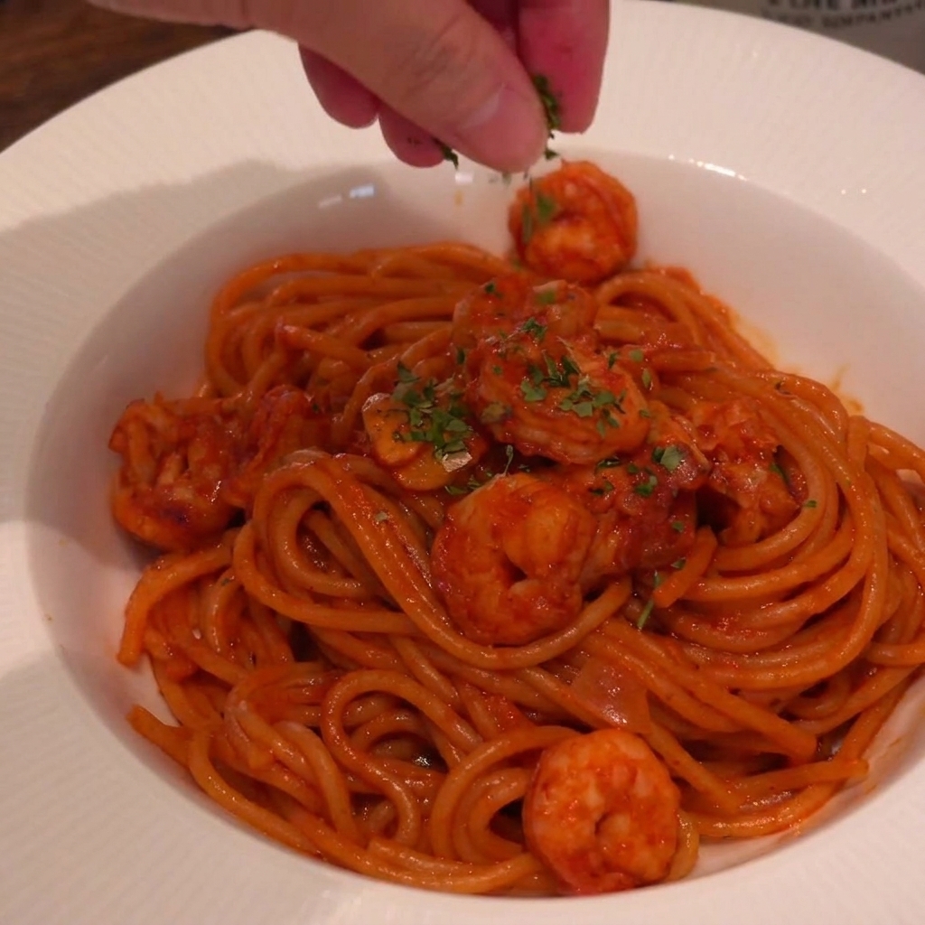 Mano che spolvera prezzemolo verde tritato su un piatto di pasta rossa piccante ai gamberi.