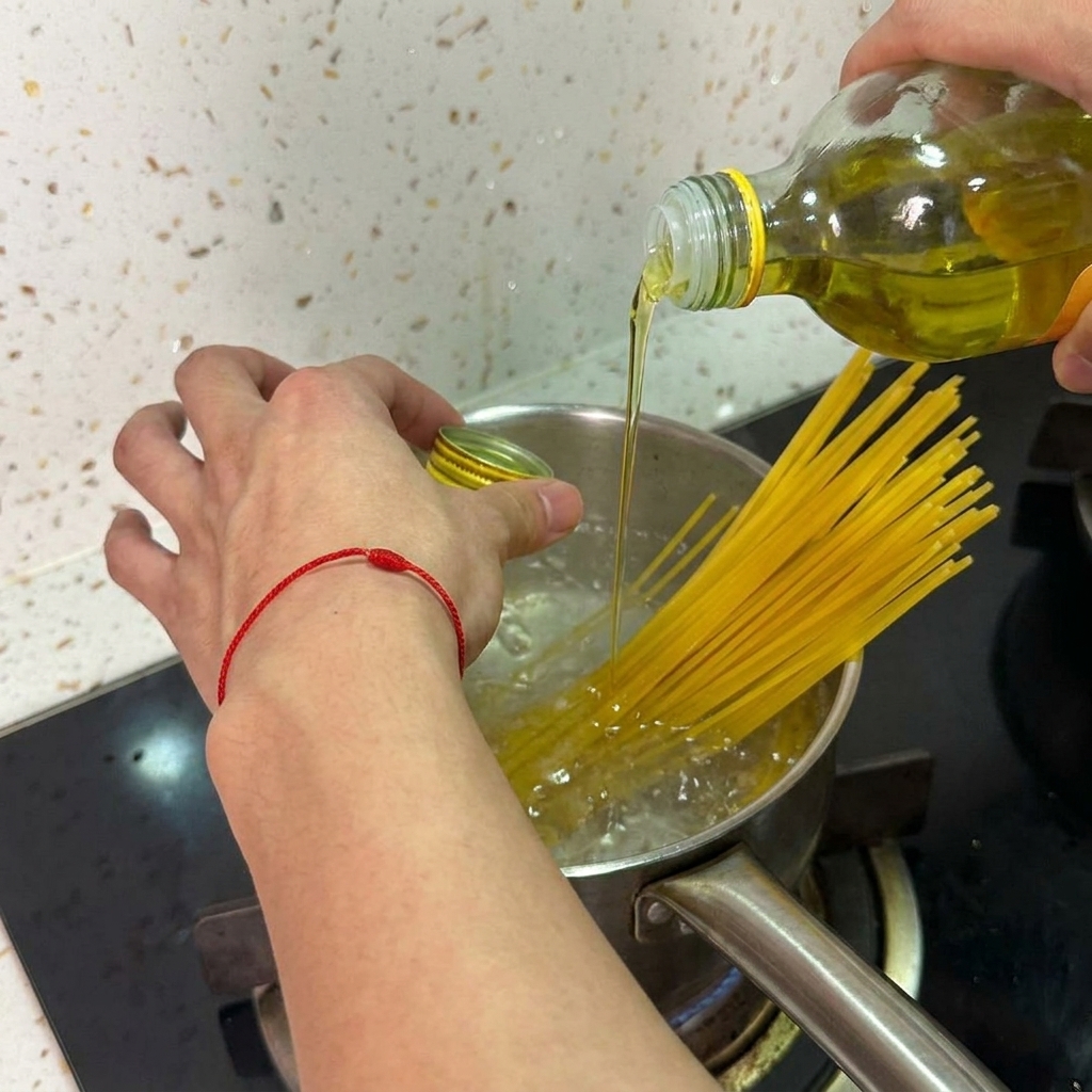 Olio doliva dorato versato da una bottiglia nella pentola con gli spaghetti che bollono.